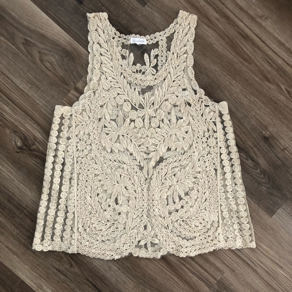 Charming Charlie cream and gold embroidered mess tank top fits medium